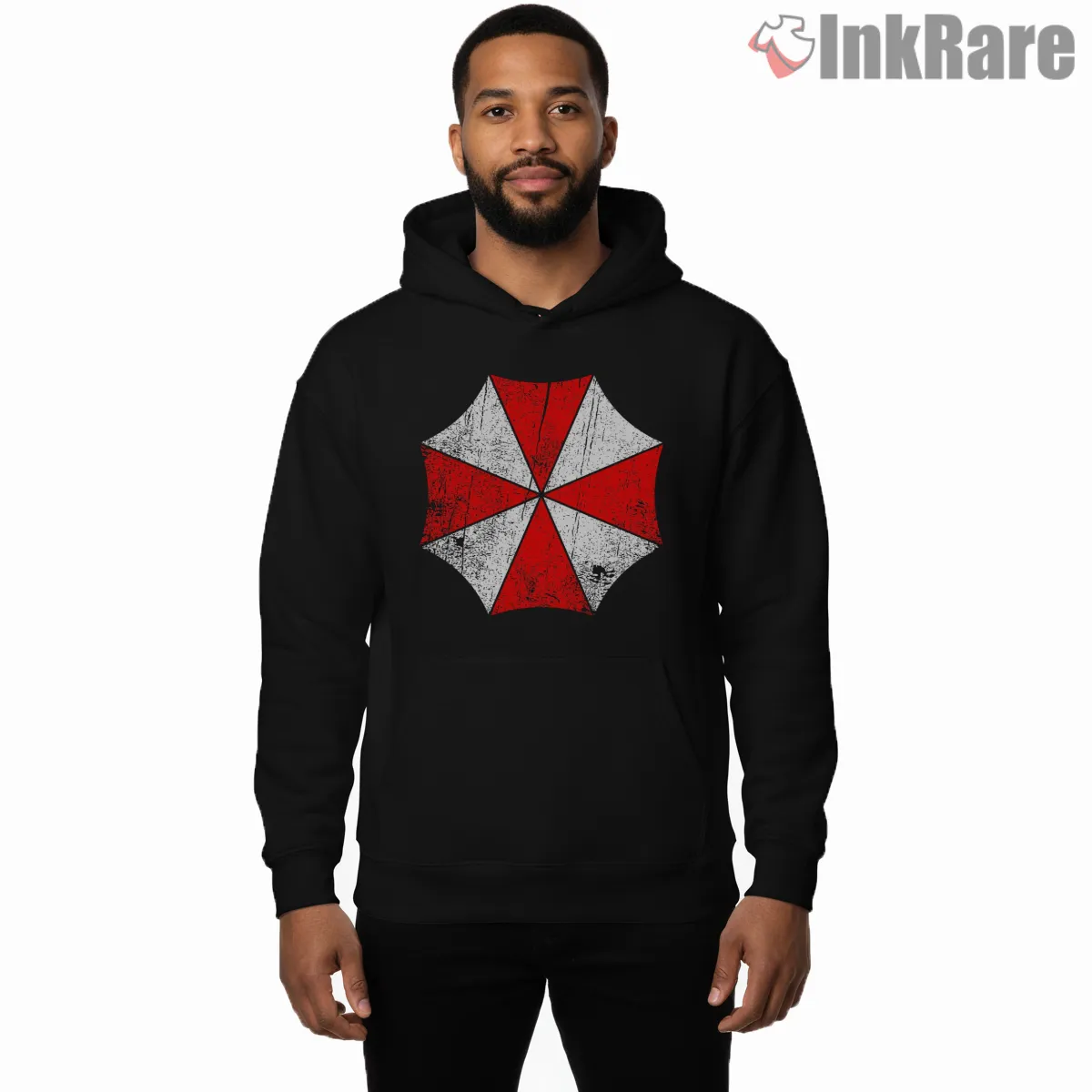 Resident Evil Vintage Umbrella Distressed Logo Shirt on black hoodie for men graphic tee