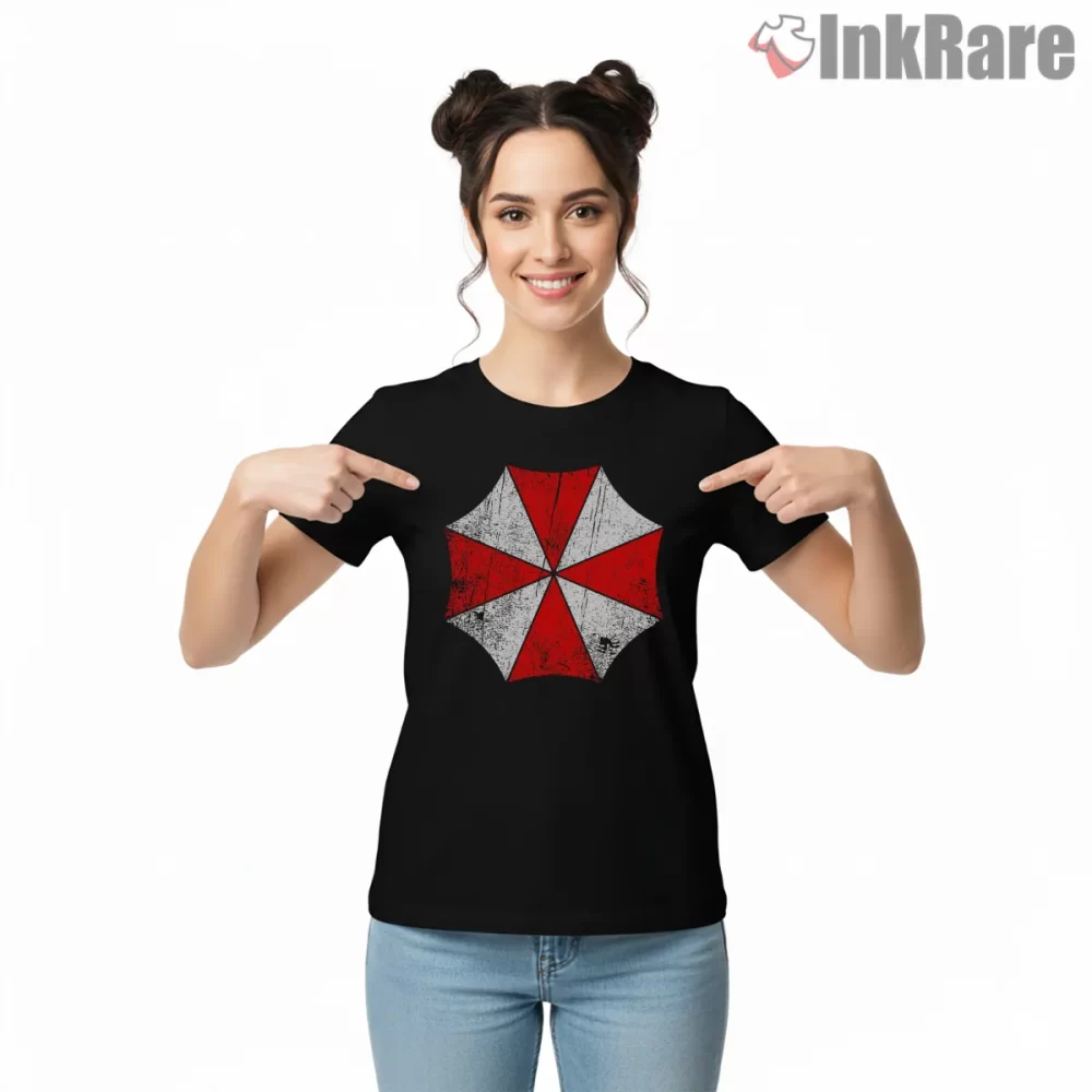 Resident Evil Vintage Umbrella Distressed Logo Shirt on black short sleeve shirt for women graphic tee