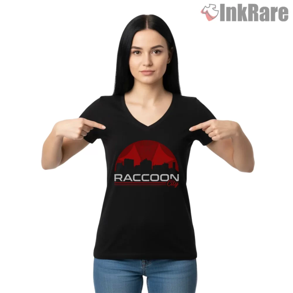 Resident Evil Visit Raccoon City Horror Travel Shirt on black v-neck shirt for women graphic tee