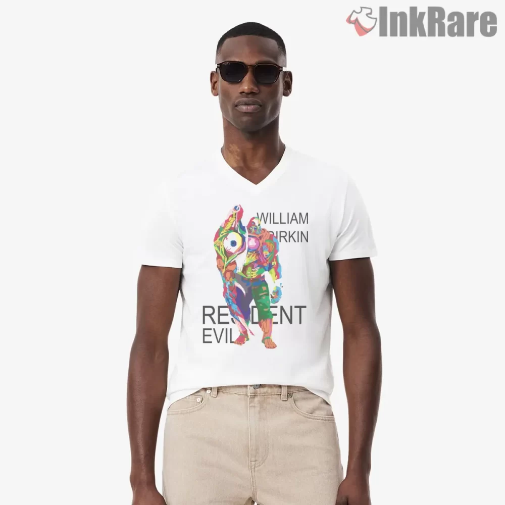 Resident Evil William Birkin Pop Mutation Art Shirt on white v-neck shirt for men graphic tee