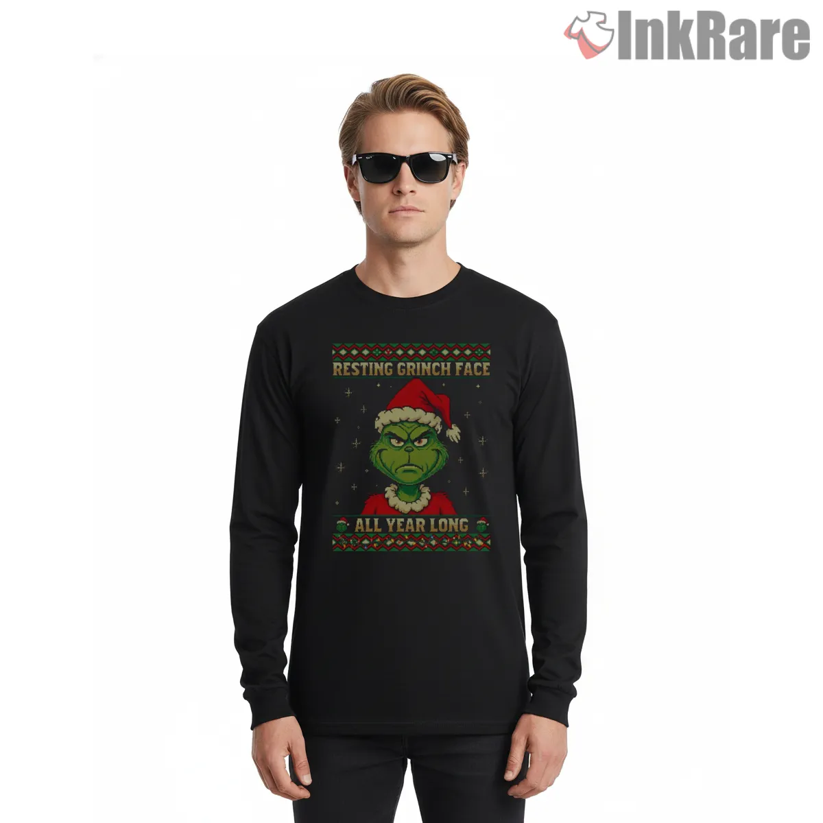Resting Grinch Face All Year Knit Style Christmas Shirt on black long sleeve shirt for men graphic tee