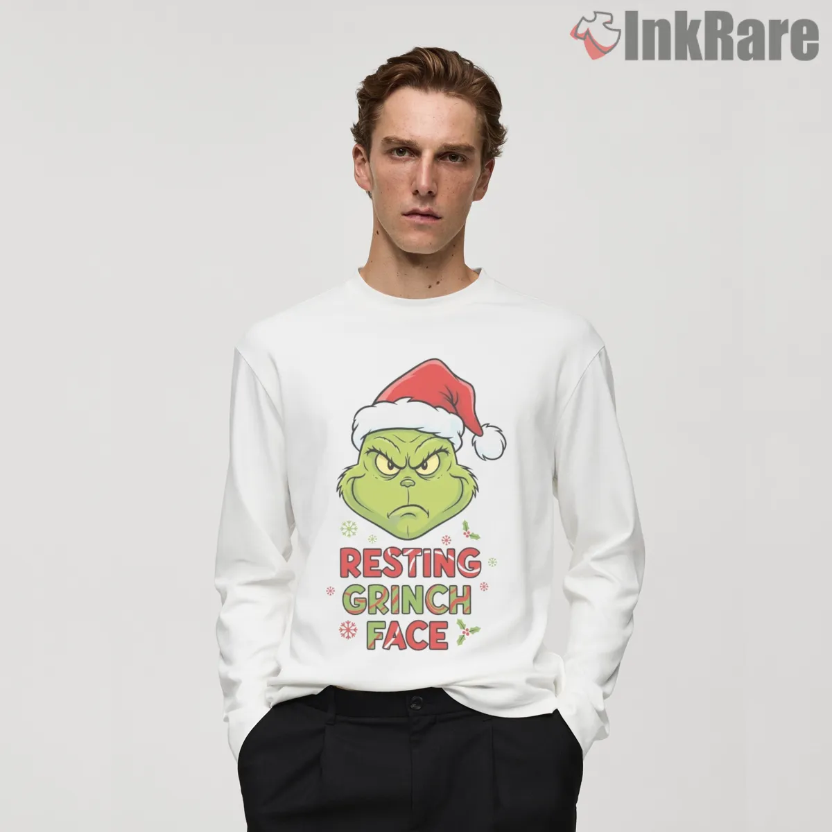 Resting Grinch Face Funny Christmas Mood Shirt on white long sleeve shirt for men graphic tee