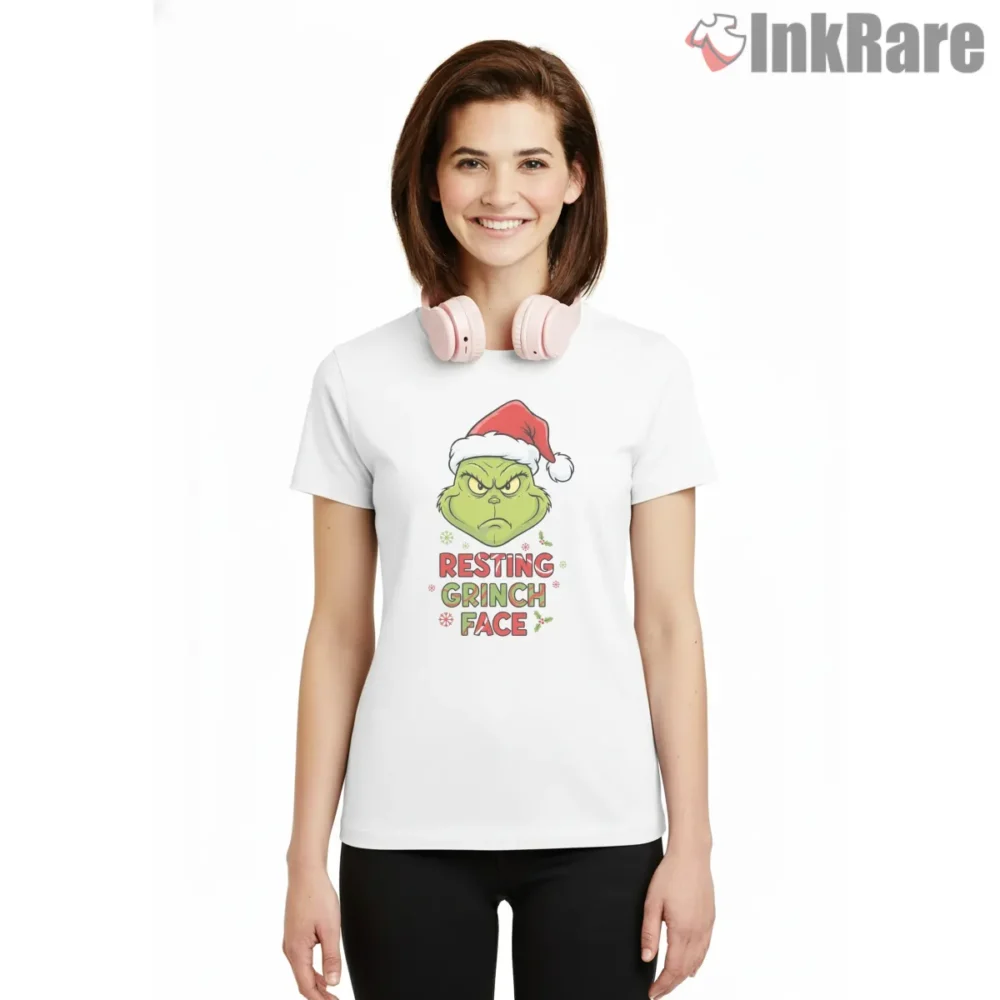 Resting Grinch Face Funny Christmas Mood Shirt on white short sleeve shirt for women graphic tee