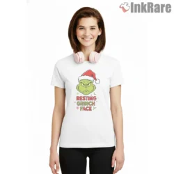Resting Grinch Face Funny Christmas Mood Shirt on white short sleeve shirt for women graphic tee