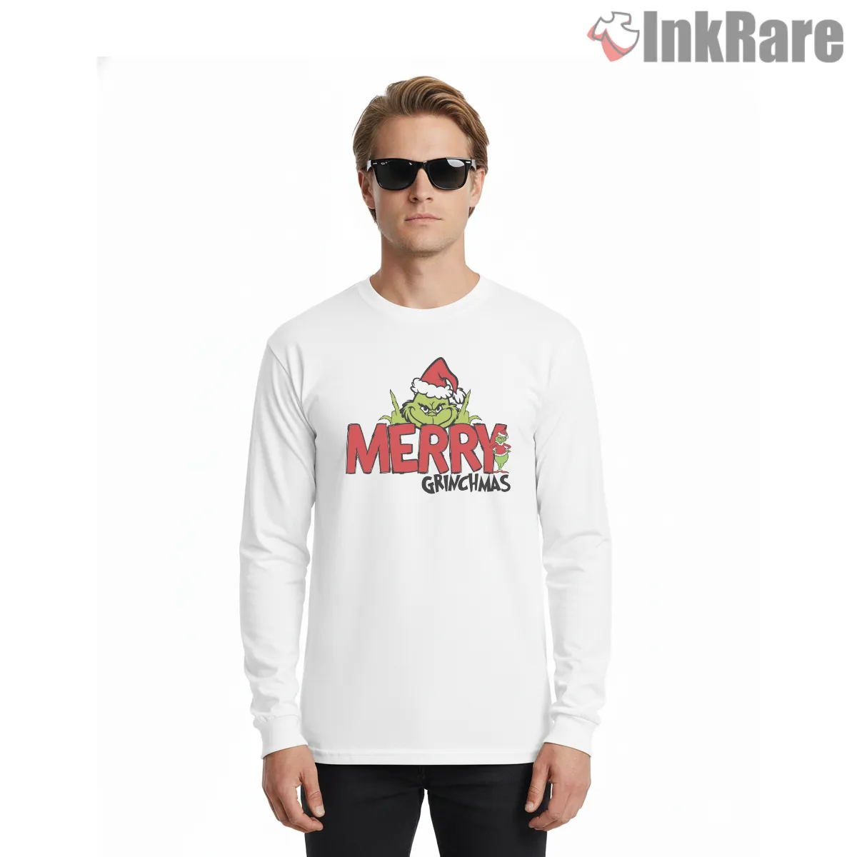 Resting Grinch Face Merry Grinchmas Lettering Shirt on white long sleeve shirt for men graphic tee