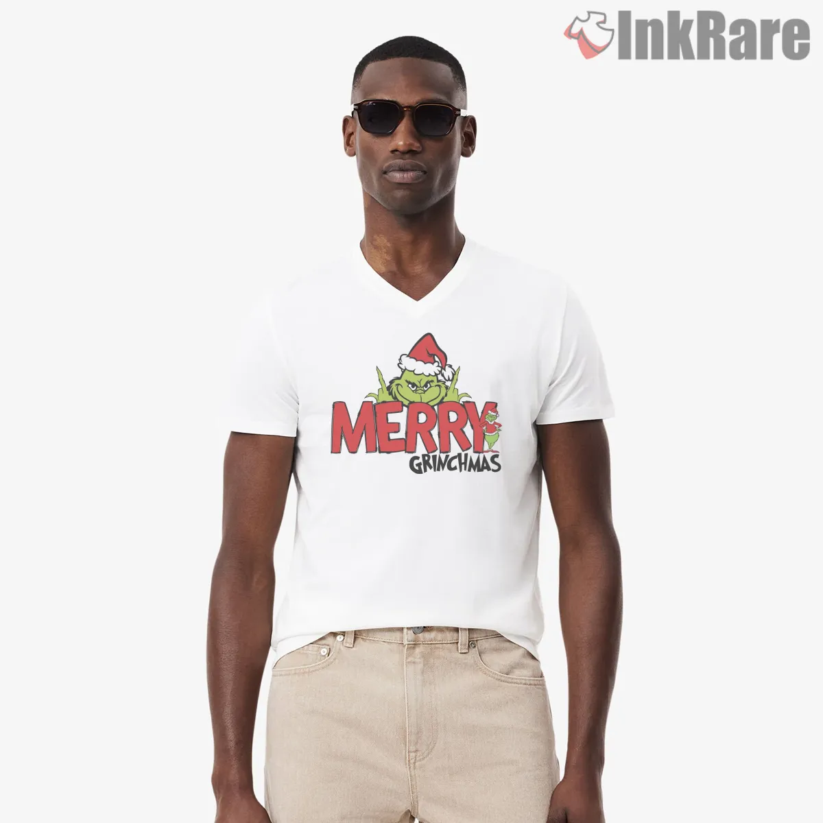 Resting Grinch Face Merry Grinchmas Lettering V Neck White Resting Grinch Face Merry Grinchmas Lettering Shirt on white v-neck shirt for men graphic tee