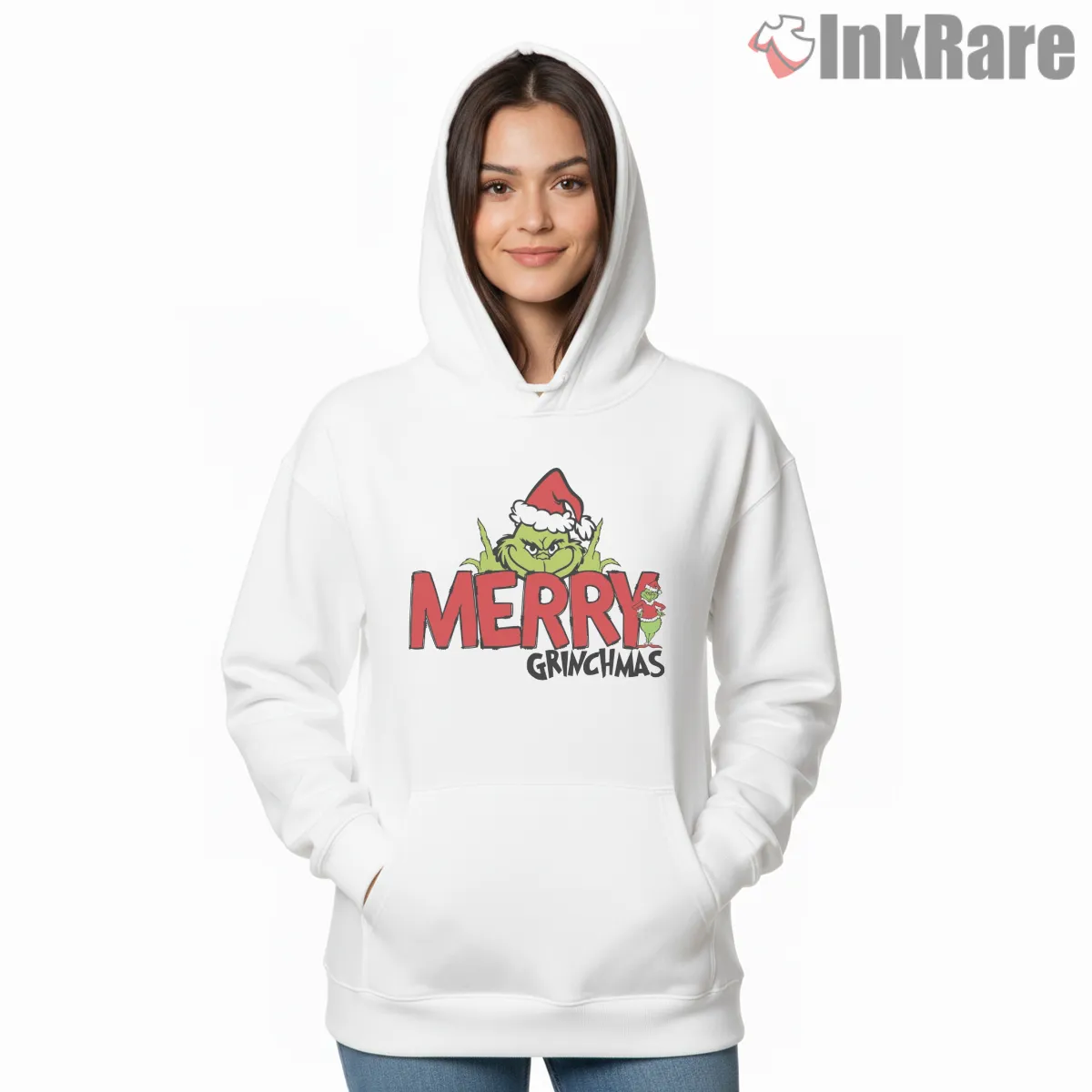 Resting Grinch Face Merry Grinchmas Lettering Hoodie White Resting Grinch Face Merry Grinchmas Lettering Shirt on white hoodie for women graphic tee