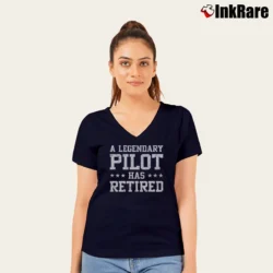 Women’s Retired Airplane Captain Pilot Aviator Gift V-Neck Tee in navy | Chic Neckline, Soft Texture