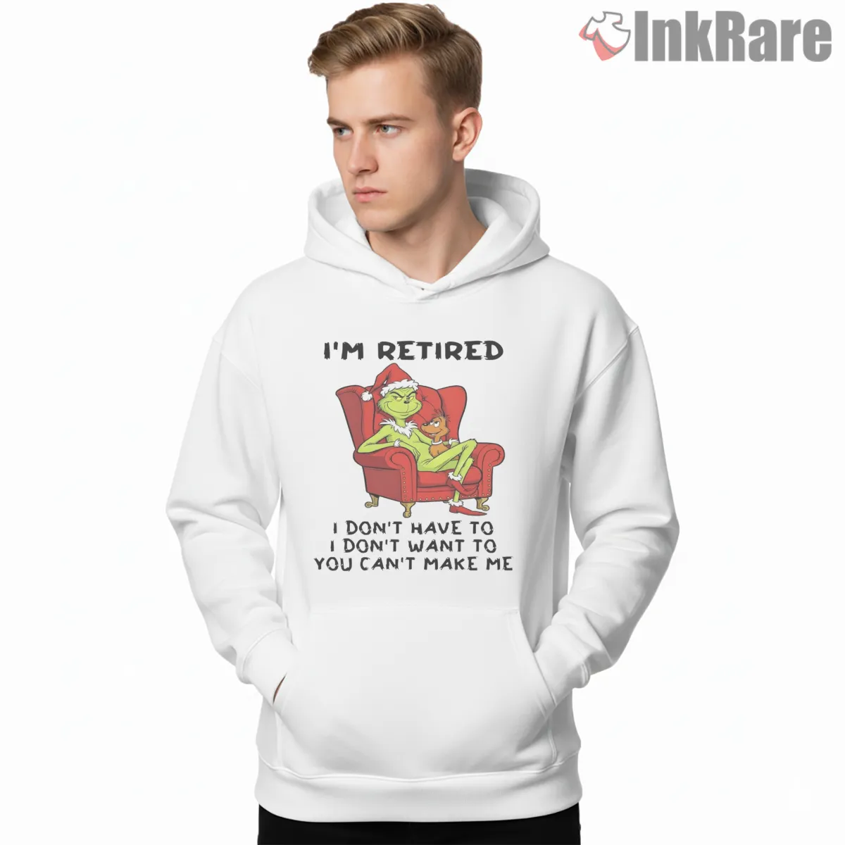 Retired Grinch In Chair Lazy Holiday Mood Shirt on white hoodie for men graphic tee