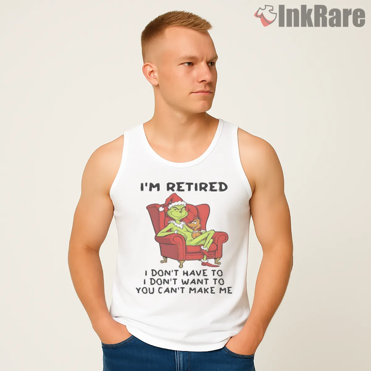 Retired Grinch In Chair Lazy Holiday Mood Tank Top White Retired Grinch In Chair Lazy Holiday Mood Shirt on white tank top for men graphic tee