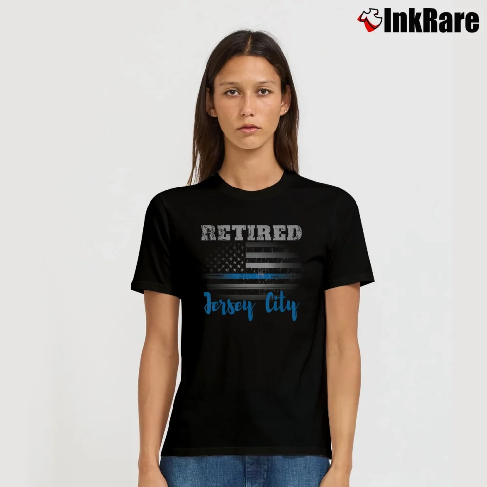 Women’s Retired Police Officer City USA Flag Design Signature T-Shirt in black | Soft, Flattering Fit
