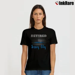 Women’s Retired Police Officer City USA Flag Design Signature T-Shirt in black | Soft, Flattering Fit