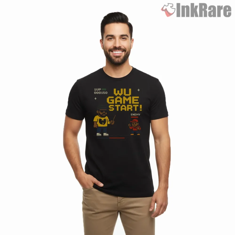 Retro Arcade Wu Game Start Parody Shirt on black short sleeve shirt for men graphic tee