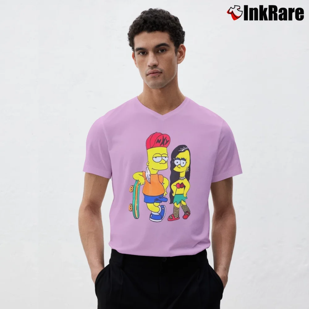 Men’s Retro Bart Simpson Skateboard with Pin - Up Girl Vintage Graphic Funny V-Neck Tee in light pink | Sharp, Breathable, Everyday Staple