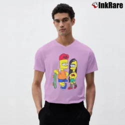 Men’s Retro Bart Simpson Skateboard with Pin - Up Girl Vintage Graphic Funny V-Neck Tee in light pink | Sharp, Breathable, Everyday Staple