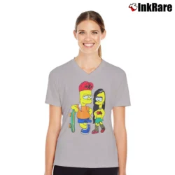 Women’s Retro Bart Simpson Skateboard with Pin - Up Girl Vintage Graphic Funny V-Neck Tee in sport grey | Chic Neckline, Soft Texture