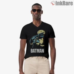 Retro Batman Leaping Over Gotham Shirt on black v-neck shirt for men graphic tee
