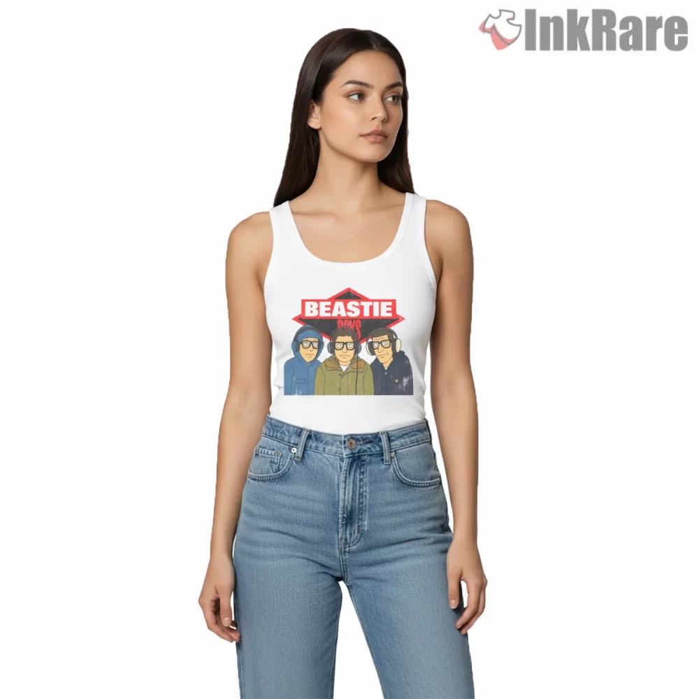 Retro Beastie Boys Cartoon Parka Portrait Shirt on white tank top for women graphic tee