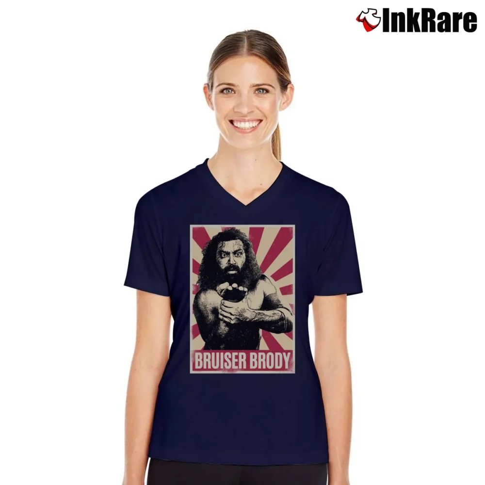 Women’s Retro Bruiser Brody WWE for Wrestling Fans V-Neck Tee in navy | Chic Neckline, Soft Texture