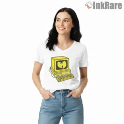 Retro Computer Wu Tang Screen Logo Shirt on white v-neck shirt for women graphic tee