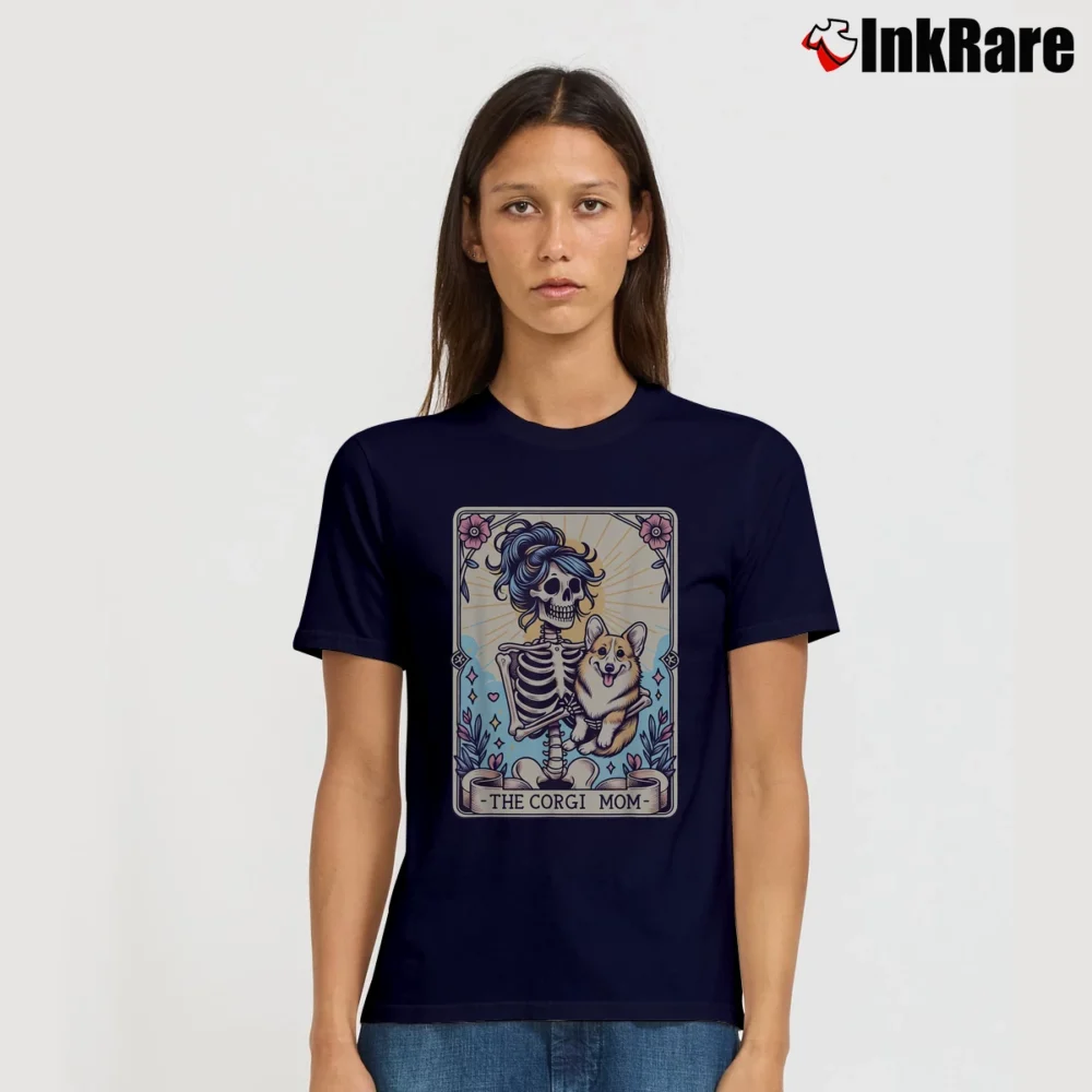 Women’s Retro Corgi Mom Tarot Card Skeleton Halloween T-Shirt in navy | Soft, Flattering Fit