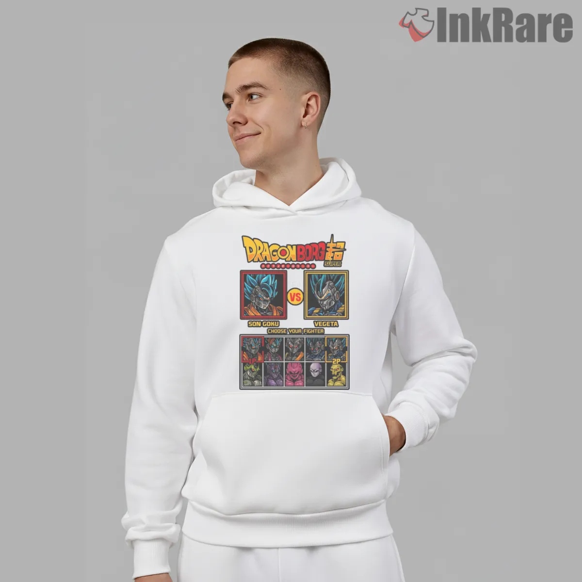Retro Cyber Goku Vs Vegeta Warriors Duel Shirt on white hoodie for men graphic tee