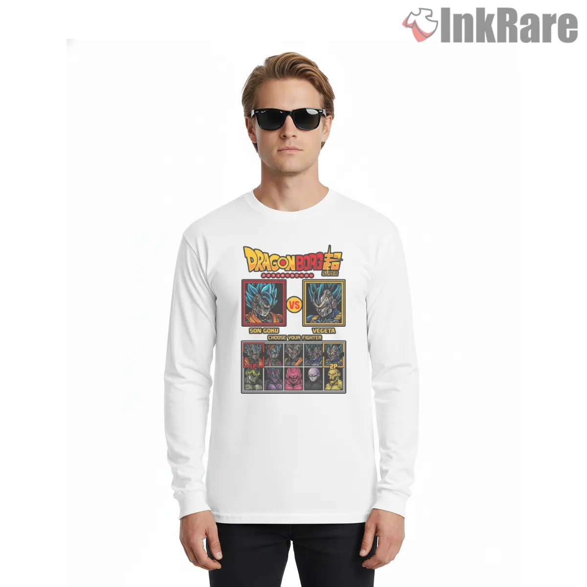 Retro Cyber Goku Vs Vegeta Warriors Duel Long Sleeve White Retro Cyber Goku Vs Vegeta Warriors Duel Shirt on white long sleeve shirt for men graphic tee