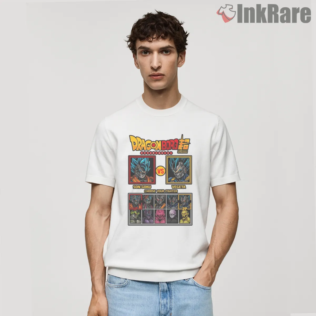 Retro Cyber Goku Vs Vegeta Warriors Duel Short Sleeve White Retro Cyber Goku Vs Vegeta Warriors Duel Shirt on white short sleeve shirt for men graphic tee
