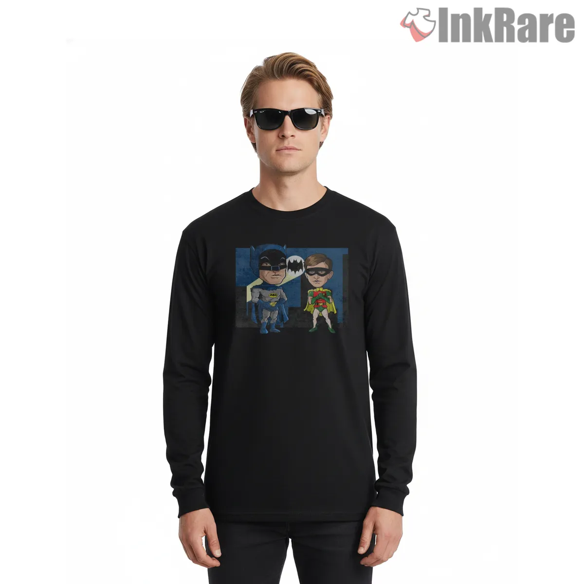 Retro Dynamic Duo Cartoon Caricature Shirt on black long sleeve shirt for men graphic tee