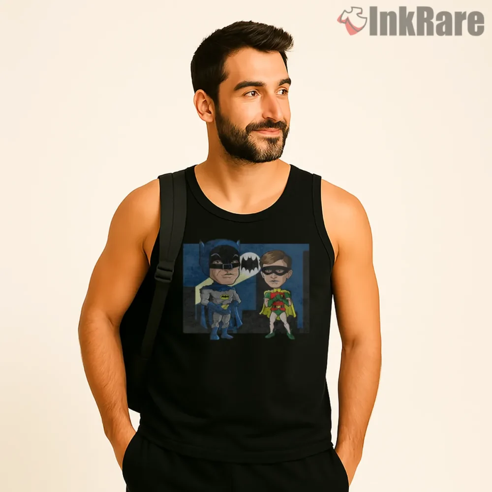 Retro Dynamic Duo Cartoon Caricature Shirt on black tank top for men graphic tee