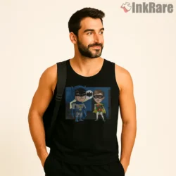 Retro Dynamic Duo Cartoon Caricature Shirt on black tank top for men graphic tee