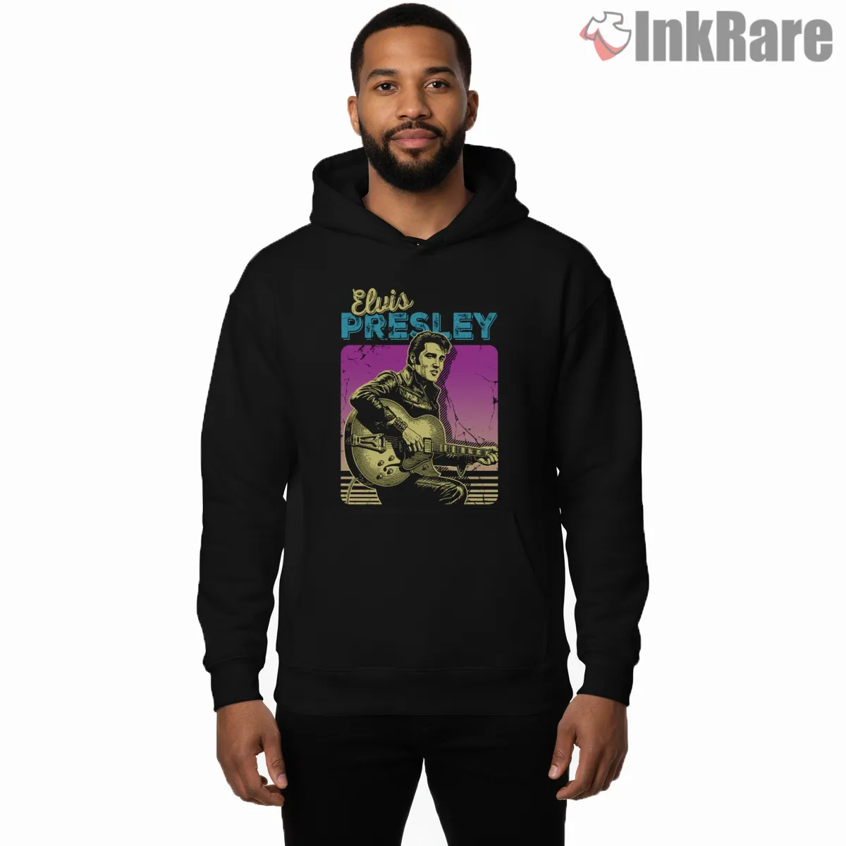 Retro Elvis Presley Pink Arcade Guitar Shirt on black hoodie for men graphic tee