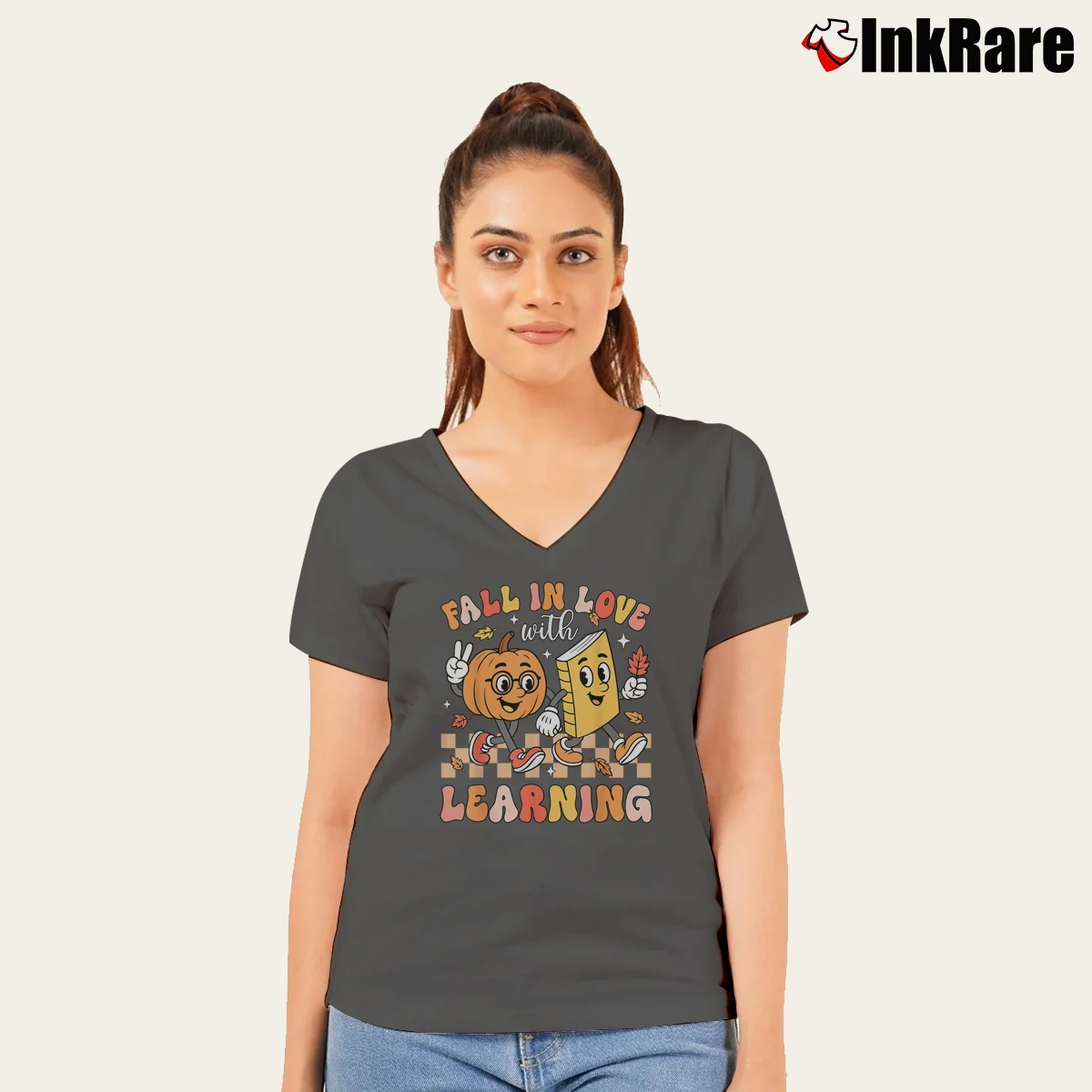 Women’s Retro Fall In Love With Learning Pumpkin Teacher Autumn V-Neck Tee in charcoal | Chic Neckline, Soft Texture