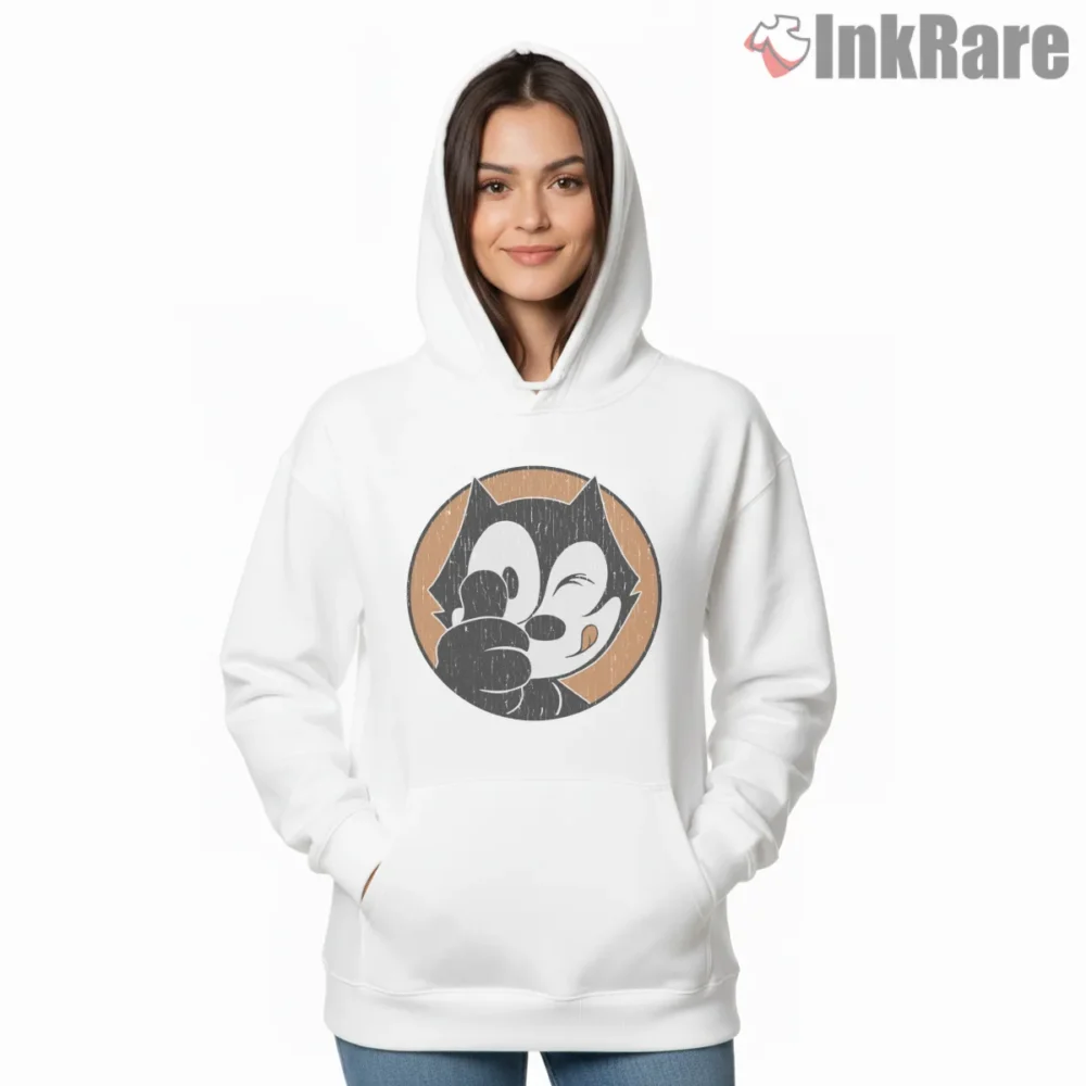 Retro Felix Close Up Wink Shirt on white hoodie for women graphic tee