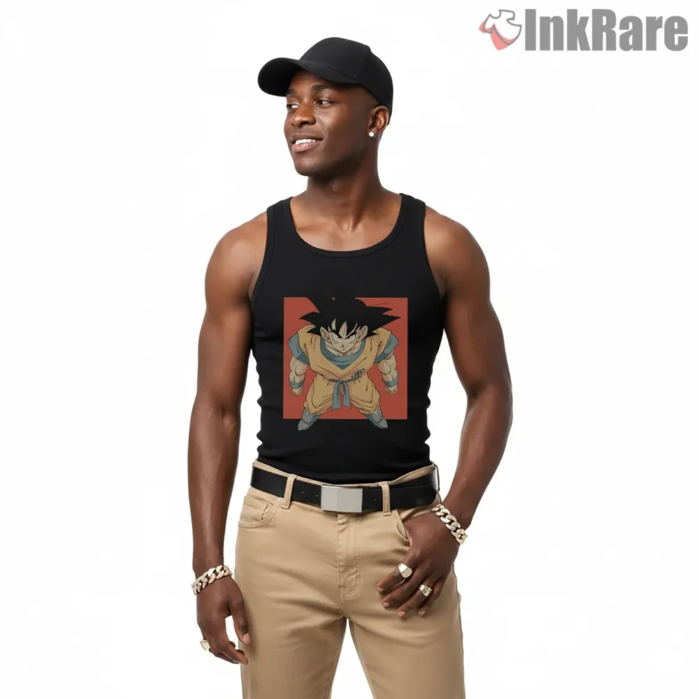 Retro Goku Wide Stance Vintage Poster Shirt on black tank top for men graphic tee