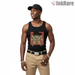 Retro Goku Wide Stance Vintage Poster Shirt on black tank top for men graphic tee