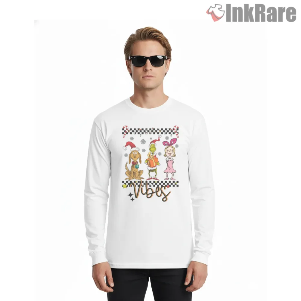 Retro Grinch Cindy Lou Christmas Vibes Shirt on white long sleeve shirt for men graphic tee