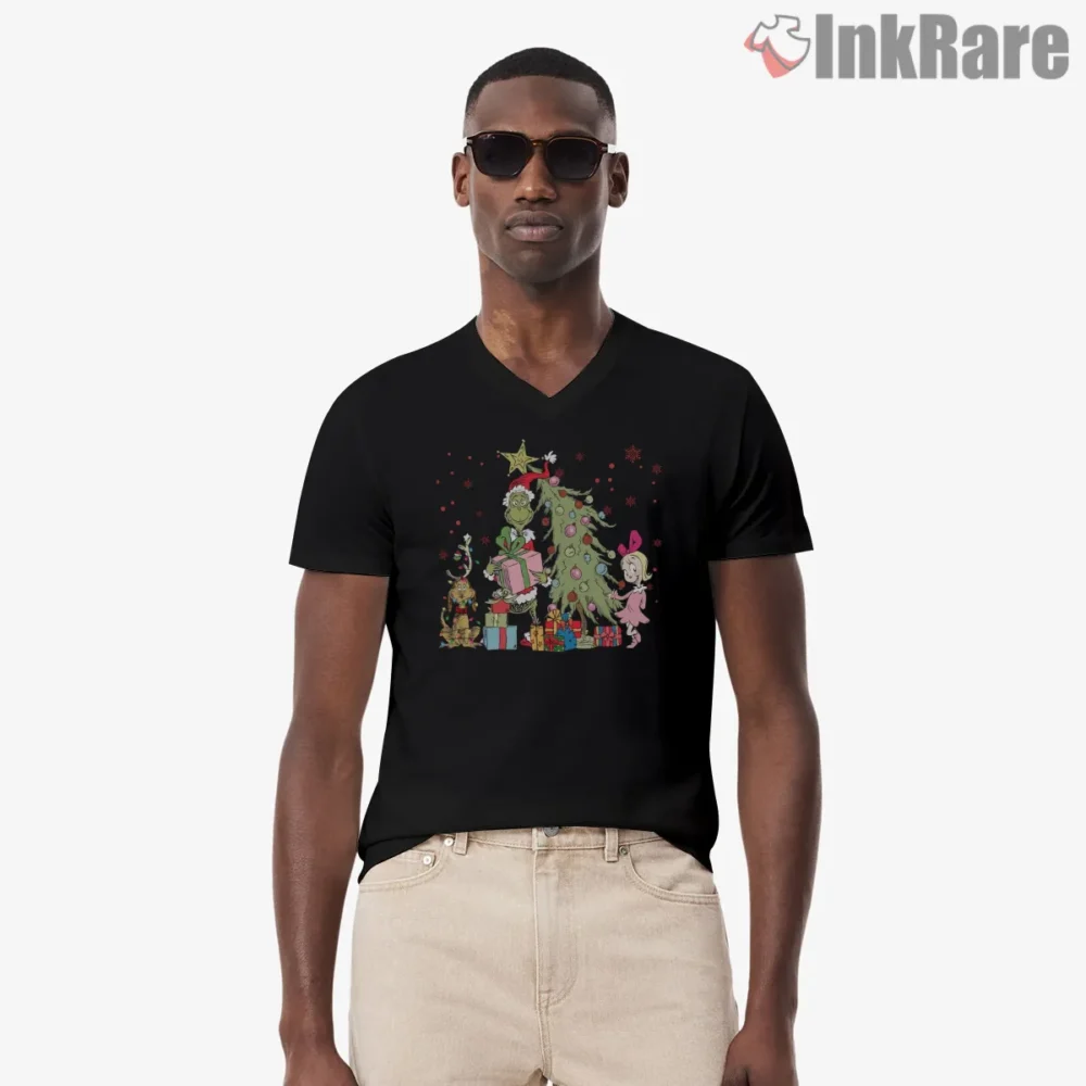 Retro Grinch Family Christmas Movie Night Shirt on black v-neck shirt for men graphic tee