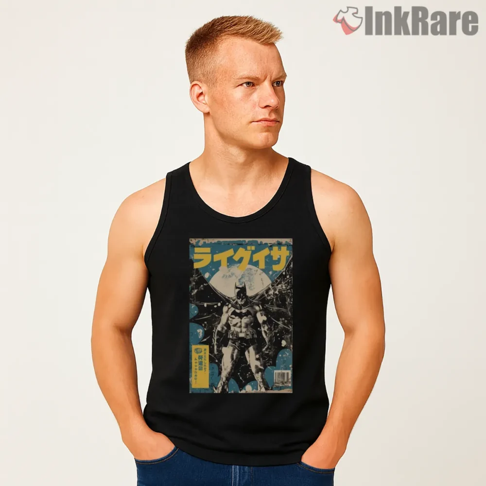 Retro Japanese Kanji Batman Cover Shirt on black tank top for men graphic tee