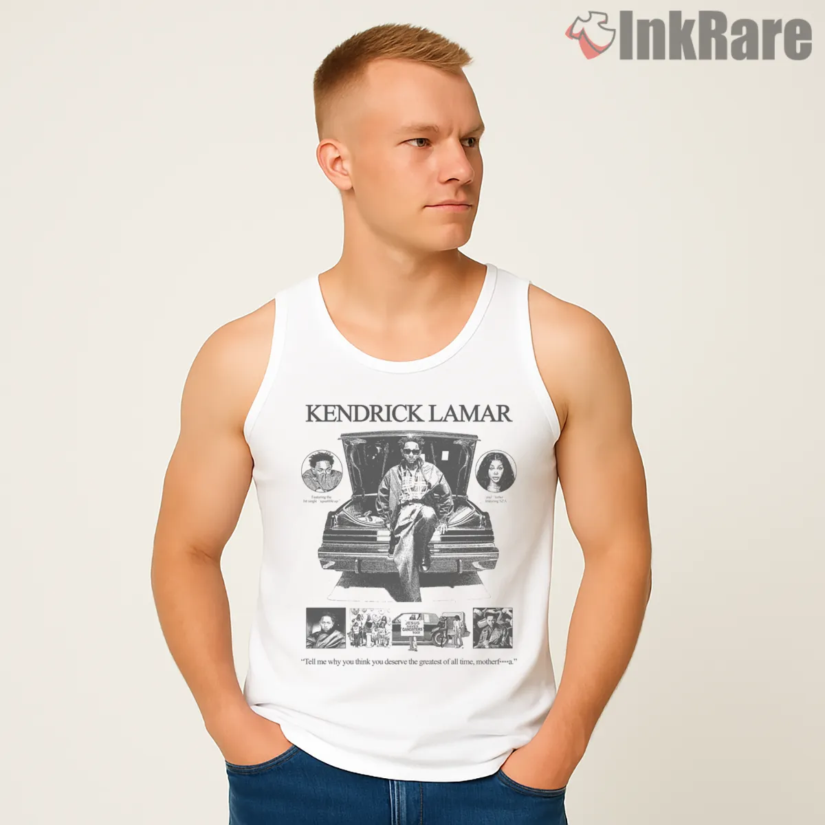 Retro Kendrick Lamar Vintage Car Poster Tank Top White Retro Kendrick Lamar Vintage Car Poster Shirt on white tank top for men graphic tee