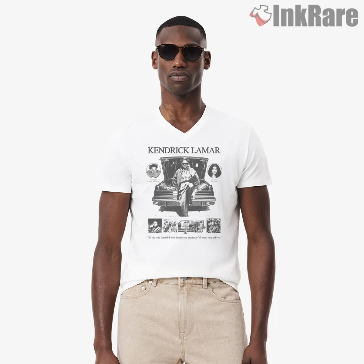 Retro Kendrick Lamar Vintage Car Poster V Neck White Retro Kendrick Lamar Vintage Car Poster Shirt on white v-neck shirt for men graphic tee
