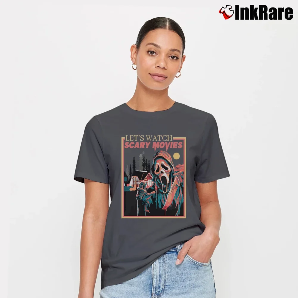 Women’s Retro Let's Watch Scary Movies Ghostface Scream Signature T-Shirt in charcoal | Soft, Flattering Fit