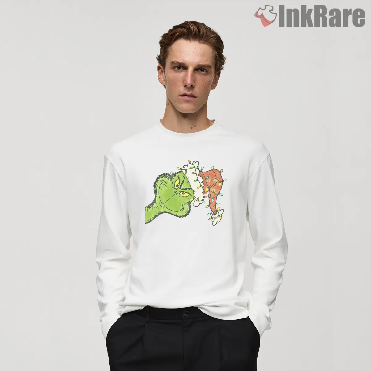 Retro Merry Christmas Bruh Grinchmas Shirt on white long sleeve shirt for men graphic tee
