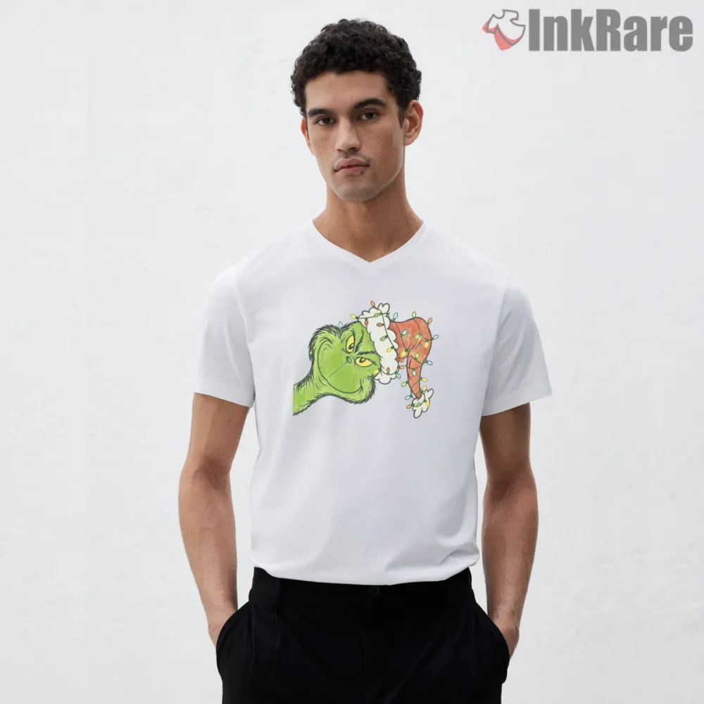 Retro Merry Christmas Bruh Grinchmas Shirt on white v-neck shirt for men graphic tee