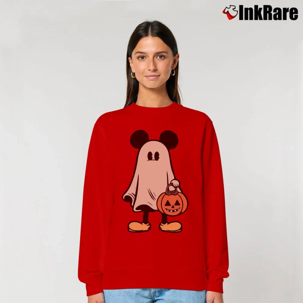 Women’s Retro Mickey Minnie Halloween Couple Trip Mickey Relaxed Sweatshirt in red | Soft, Laid-Back Vibe