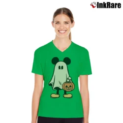 Women’s Retro Mickey Minnie Halloween Couple Trip Mickey V-Neck Tee in irish green | Chic Neckline, Soft Texture