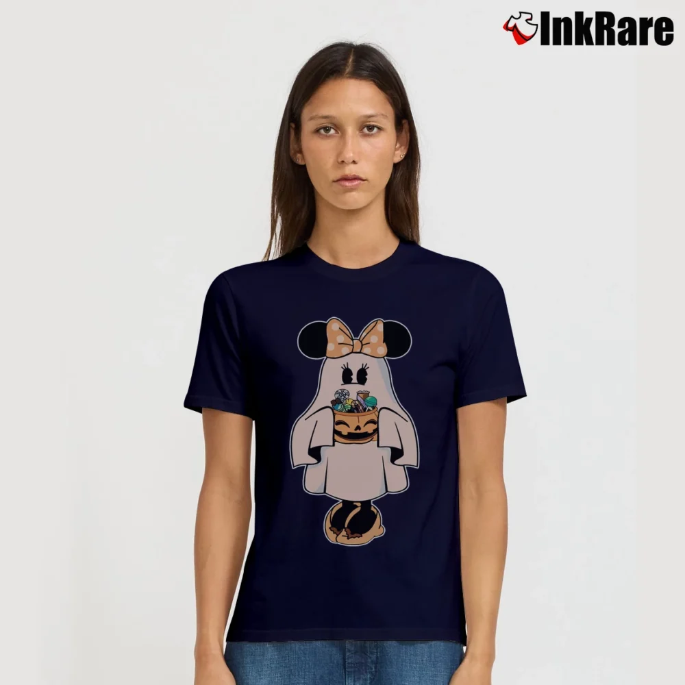 Women’s Retro Mickey Minnie Halloween Couple Trip Minnie Signature T-Shirt in navy | Soft, Flattering Fit