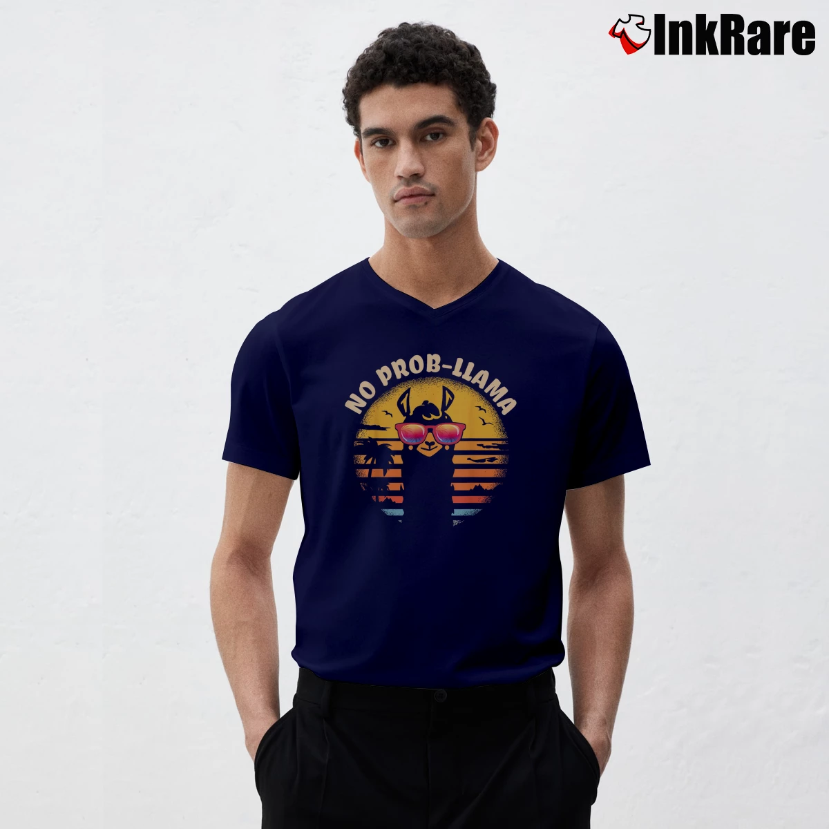 Men’s Retro No Prob Llama Alpaca V-Neck Tee in navy | Sharp, Breathable, Everyday Staple