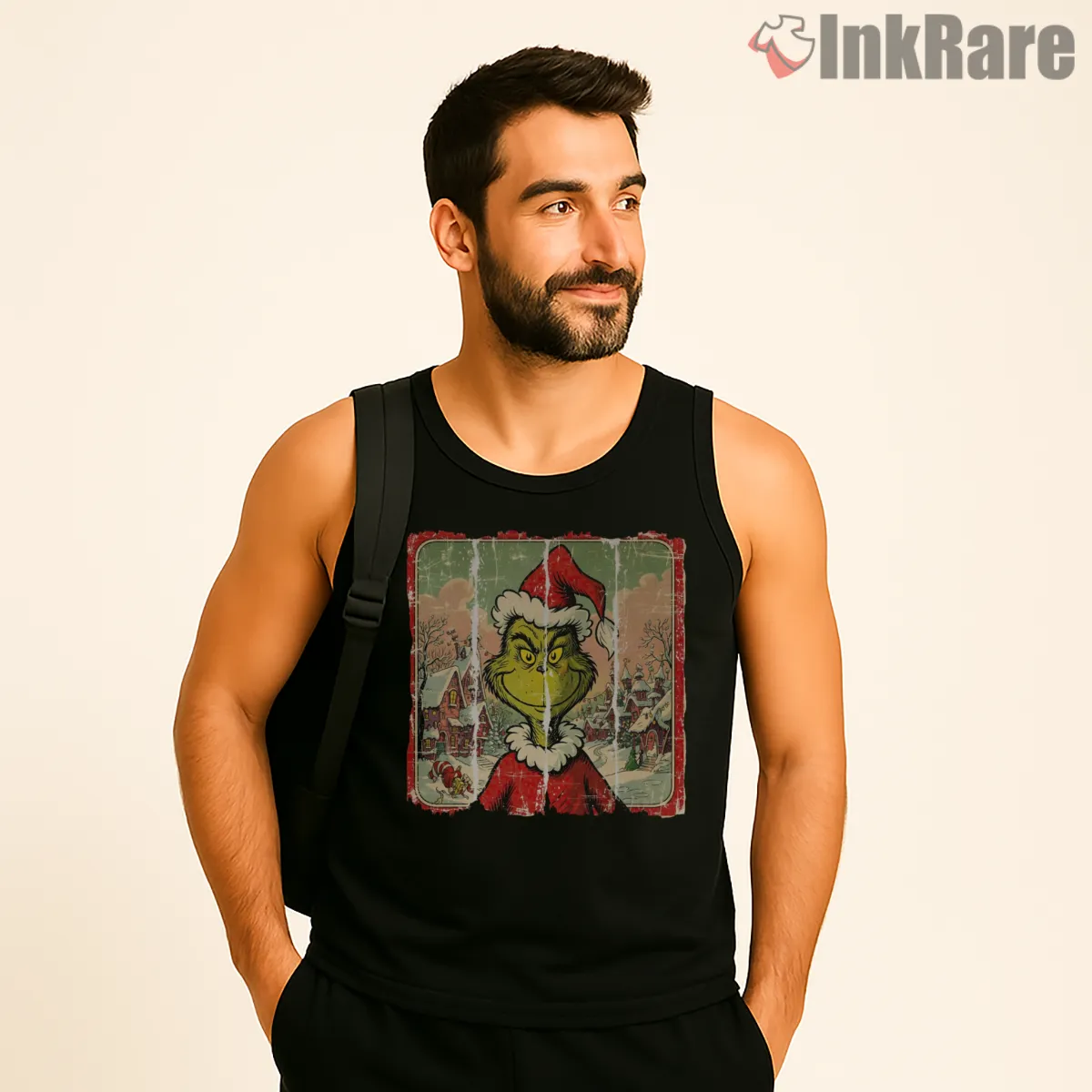 Retro Panel Classic Grinch Christmas Characters Shirt on black tank top for men graphic tee