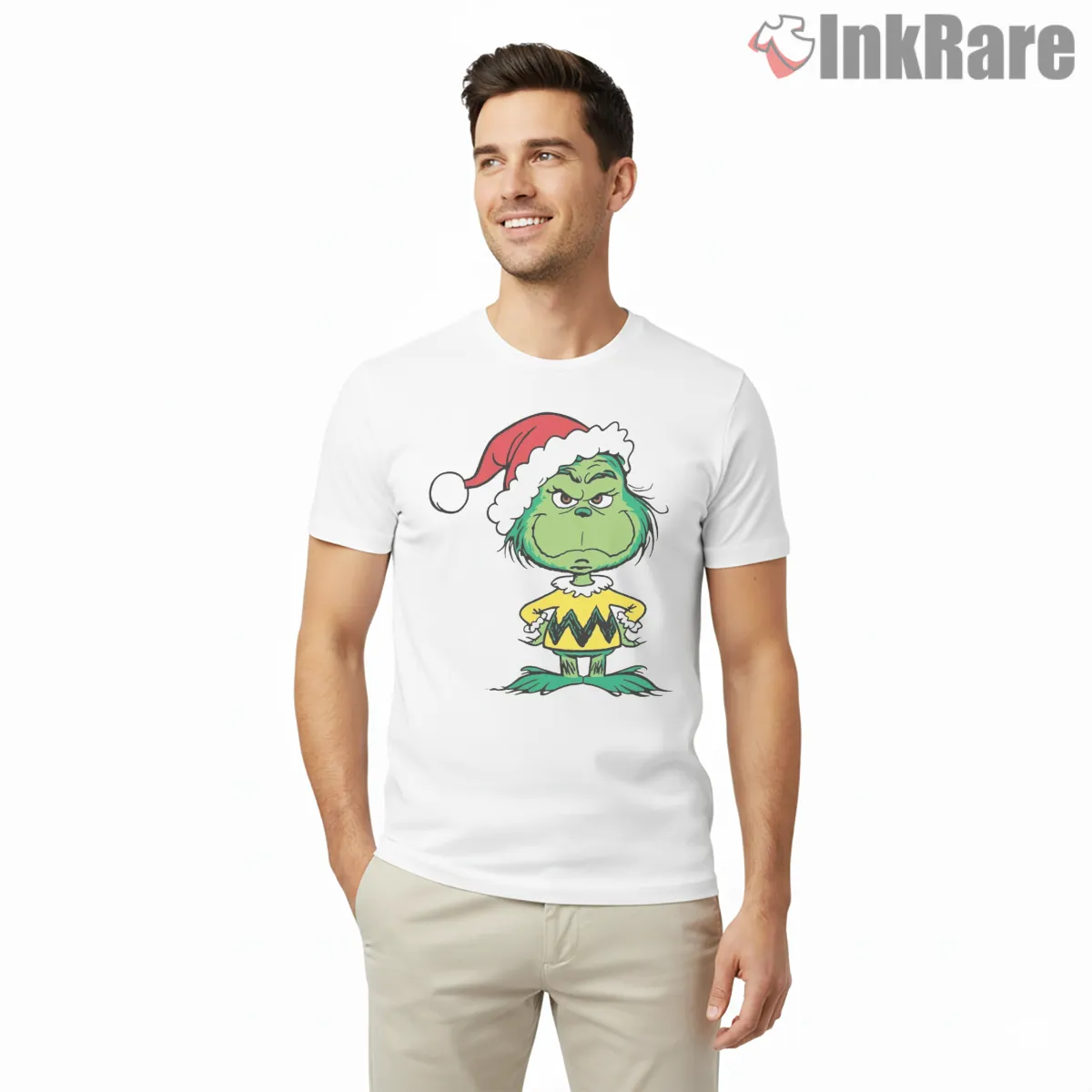Retro Peanuts Style Grinch Christmas Shirt on white short sleeve shirt for men graphic tee